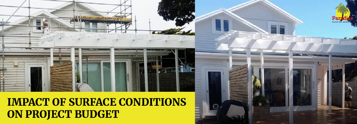 A before-and-after image of a house painting project, showing the transformation from a work-in-progress with scaffolding to a clean, finished exterior.