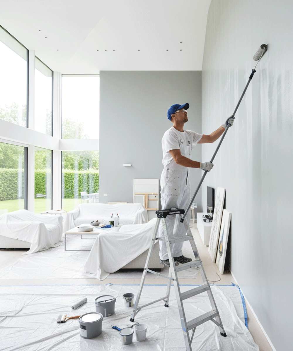 A professional residential painter in white overalls stands on a stepladder to paint a high wall with a roller on an extension pole, while the furniture below is covered in drop cloths.