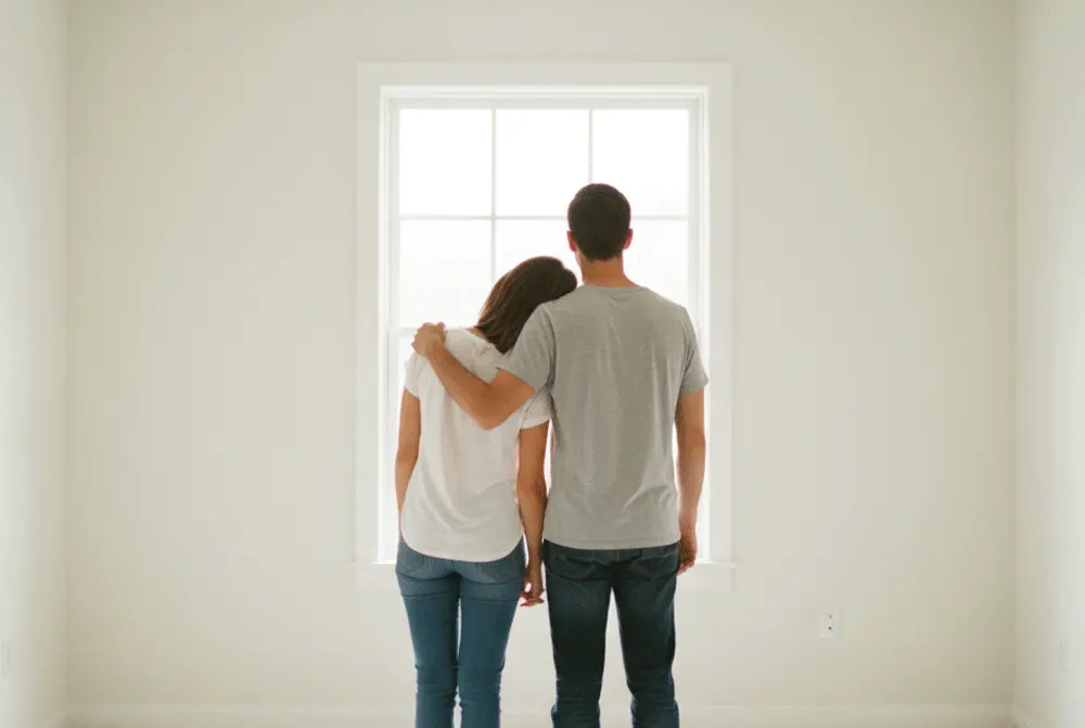 The rear exterior of a single-story house with freshly painted white walls and a dark grey shingled roof, surrounded by a green lawn and trees.