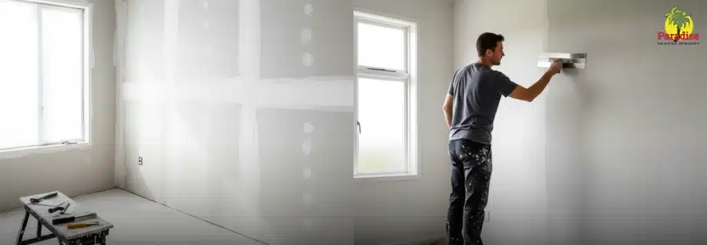 A split-view image showing a large room with taped drywall joints on the left and a plasterer expertly applying a smooth finishing coat to a wall with a trowel on the right.