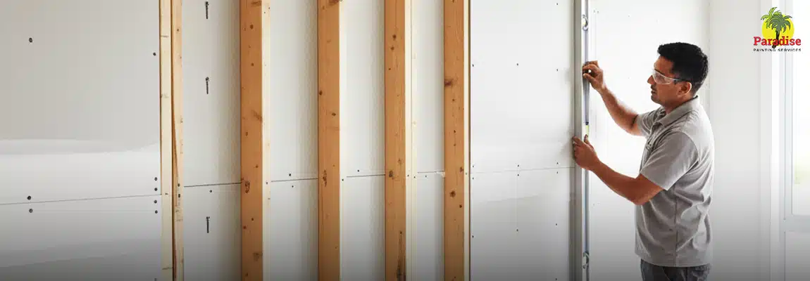 A construction professional wearing safety glasses uses a level to ensure the precise vertical alignment of newly installed drywall sheets on a timber-framed wall.